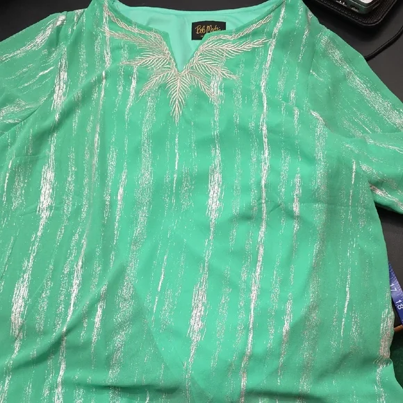 Bob Mackie Mint Green Embroidered V-Neck Tunic - Picture 2 of 6